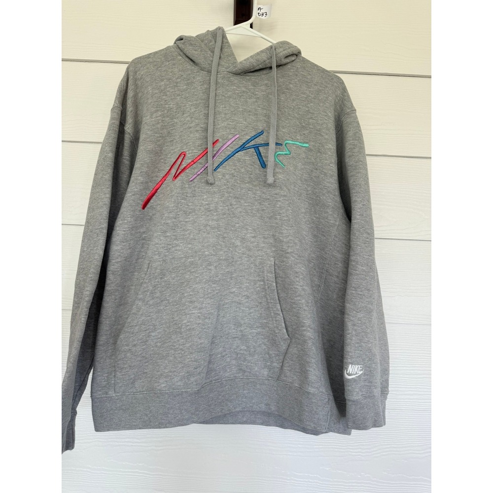 A- 033- Nike Sportswear Club Fleece Grey Multi Color Script Logo Hoodie XL